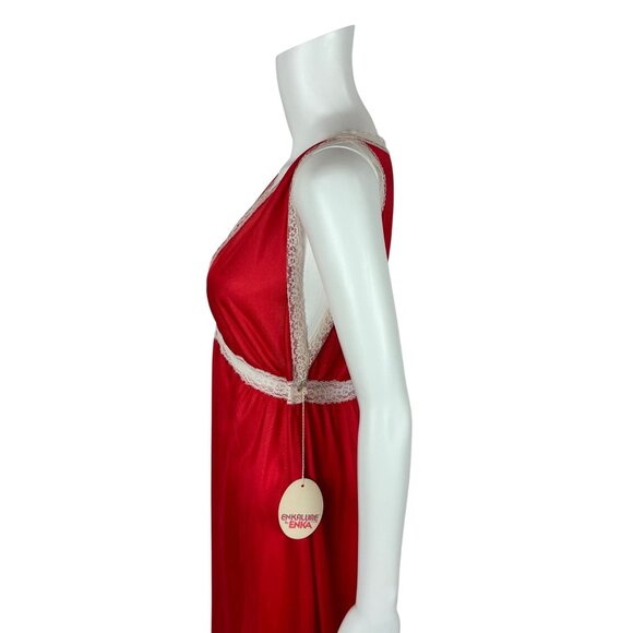 Vintage 80s Red Nightgown Women's Size M Valentines White Lace Deep V Nightie De - Picture 7 of 10
